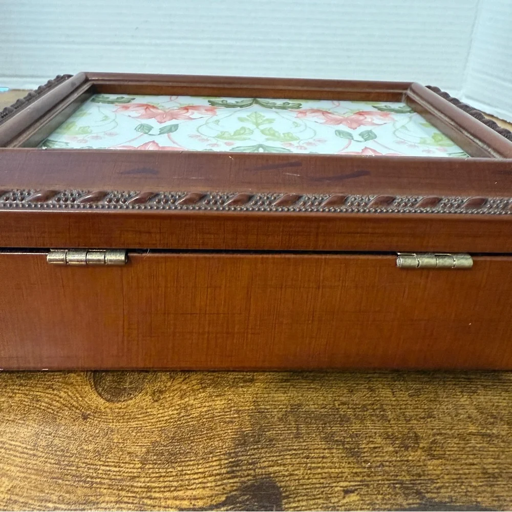VTG Jewelry Box Photo Frame Brown Faux Wood Velvet Lined Grannycore Cottage Boho